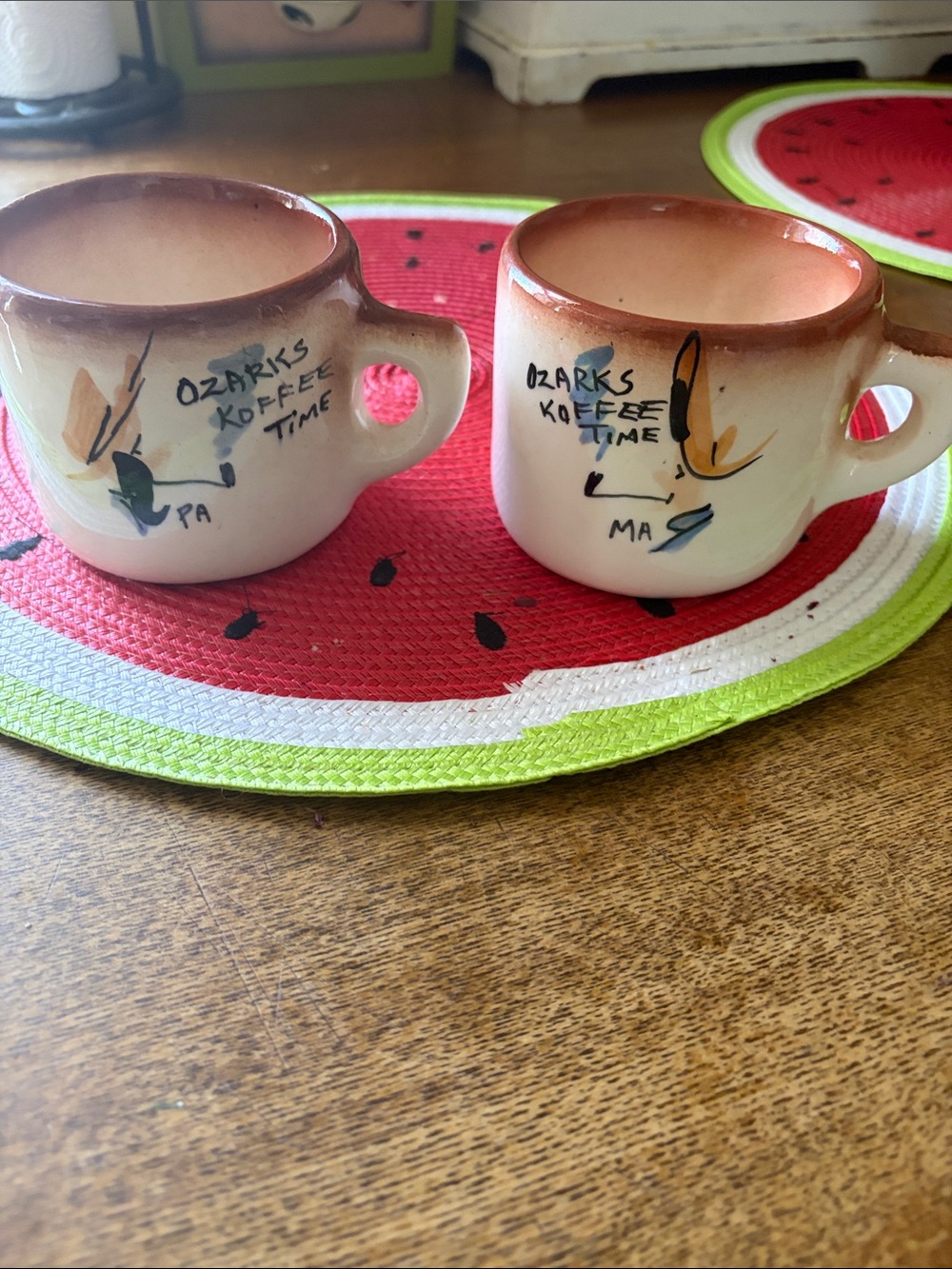 Vintage Cream and Brown Hand-Painted Espresso Mugs (Pair)